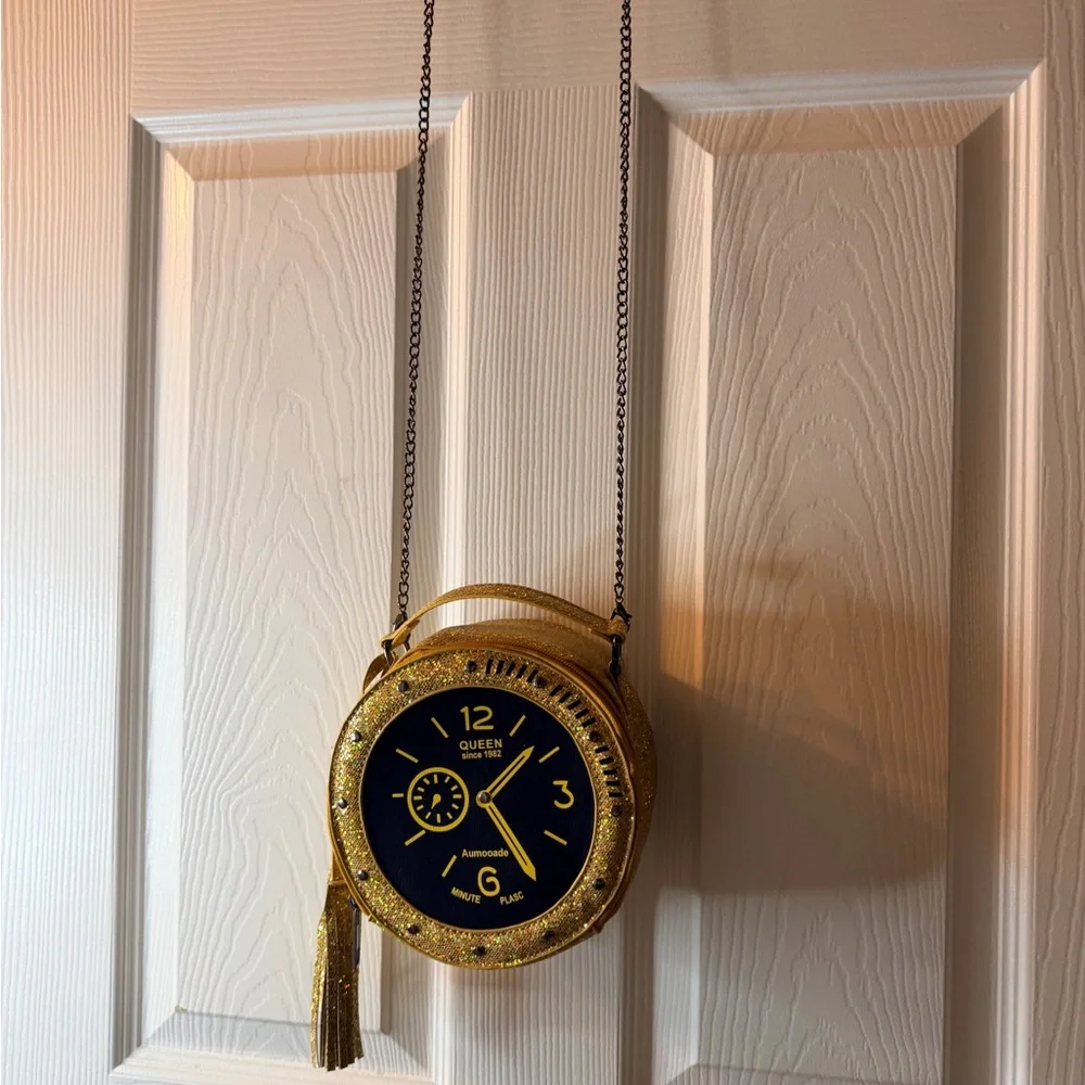Queen Gold and Black Glitter Clock Chain  Shoulder Evening Handbag - Picture 5 of 5